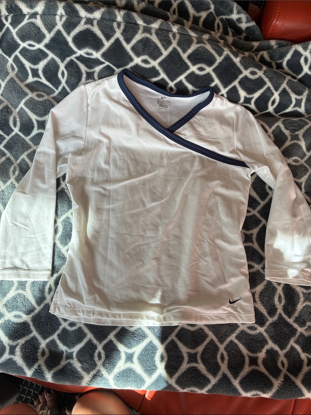 Nike White Long-Sleeve Wrap-Style Top with Navy Trim